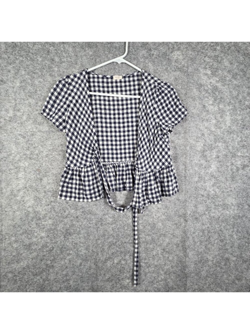 John Galt Brandy Melville Gingham Tie Front Peplum Blouse Black White Size M